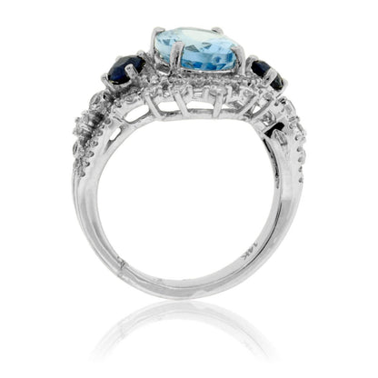 Oval-Cut Aquamarine, Sapphire & Diamond Halo Ring - Park City Jewelers