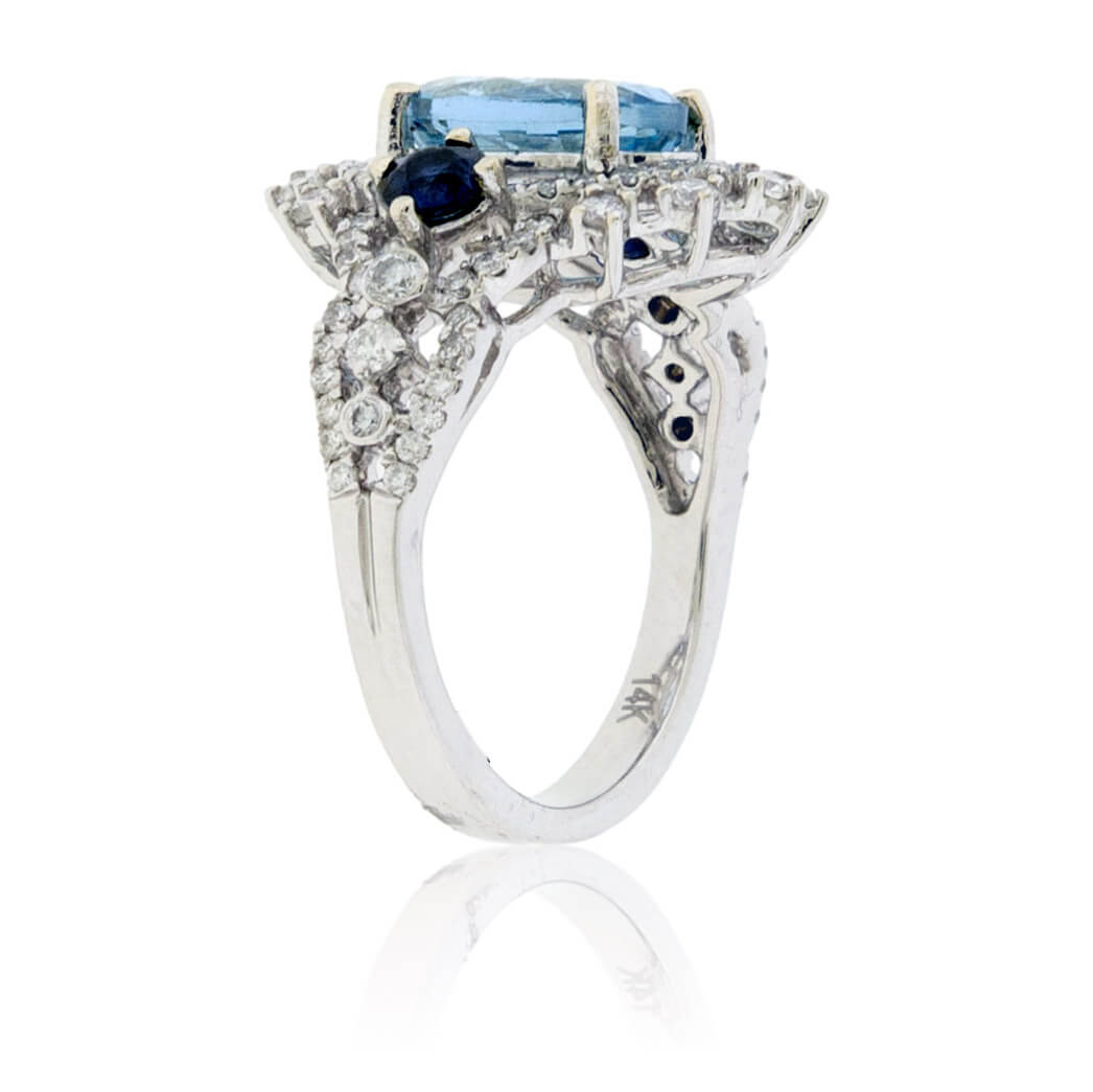 Oval-Cut Aquamarine, Sapphire & Diamond Halo Ring - Park City Jewelers