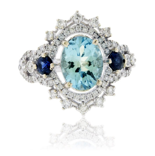 Oval-Cut Aquamarine, Sapphire & Diamond Halo Ring - Park City Jewelers