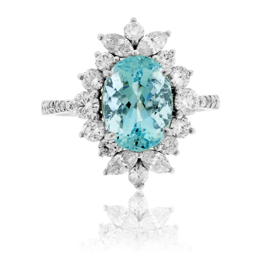 Oval-Cut Aquamarine with Marquise Diamond Halo Ring - Park City Jewelers