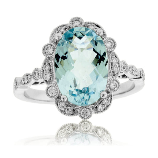 Oval-Cut Aquamarine with Scalloped Diamond Halo Ring - Park City Jewelers