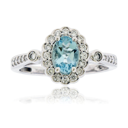Oval-Cut Aquamarine with Scalloped Diamond Halo Ring - Park City Jewelers