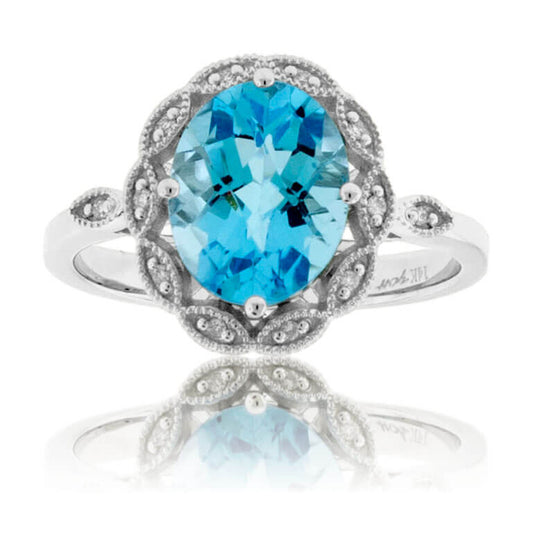 Oval Cut Blue Topaz with Diamond Scalloped Halo Ring - Park City Jewelers