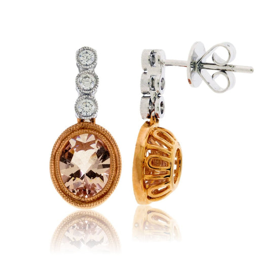 Oval Cut Morganite and Diamond Halo Drop Earrings - Park City Jewelers