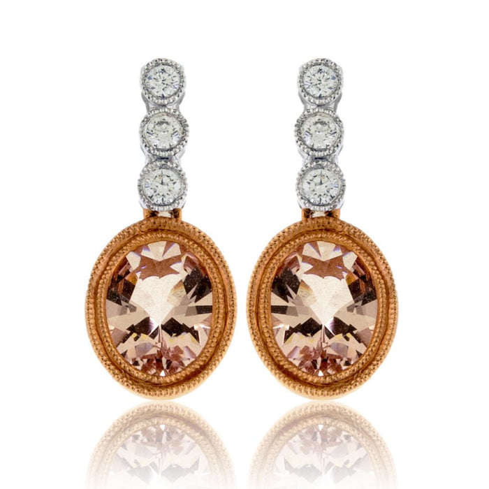 Oval Cut Morganite and Diamond Halo Drop Earrings - Park City Jewelers