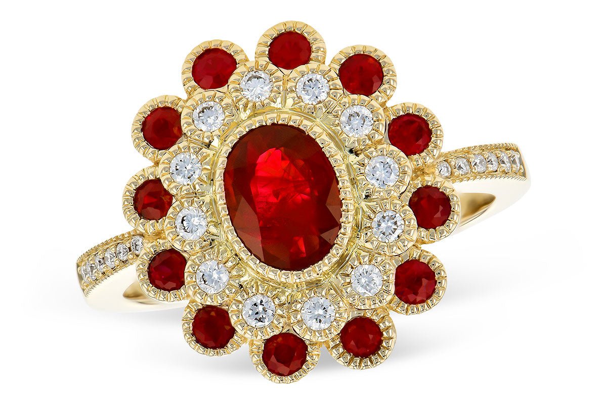 Oval Cut Ruby & Milgrain Double Halo with Diamonds & Rubies - Park City Jewelers