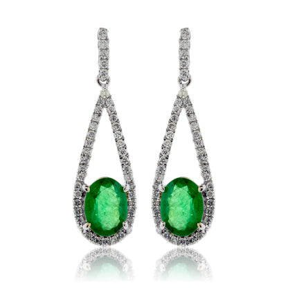 Oval Emerald and Diamond Tear Drop Dangle Earrings - Park City Jewelers