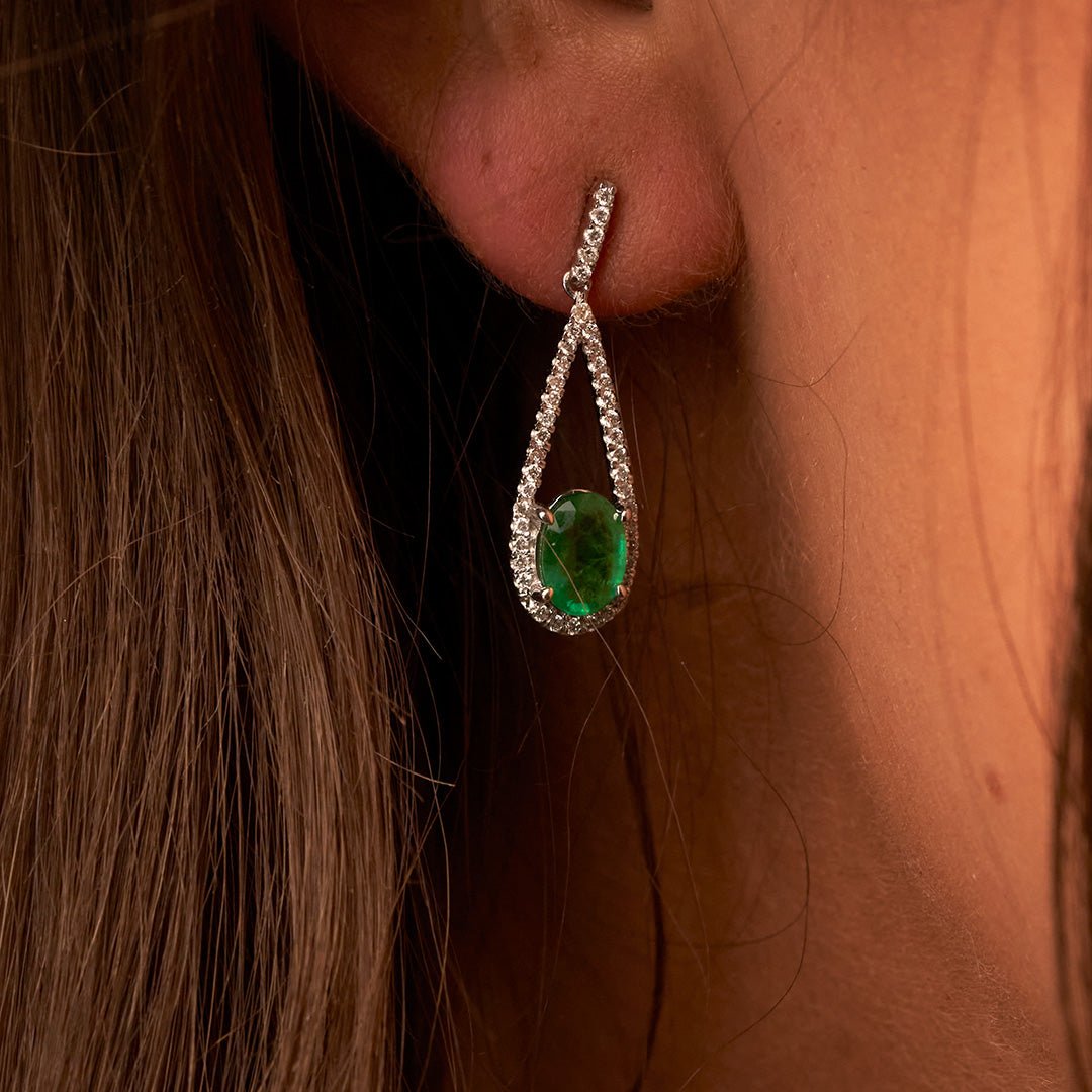 Oval Emerald and Diamond Tear Drop Dangle Earrings - Park City Jewelers
