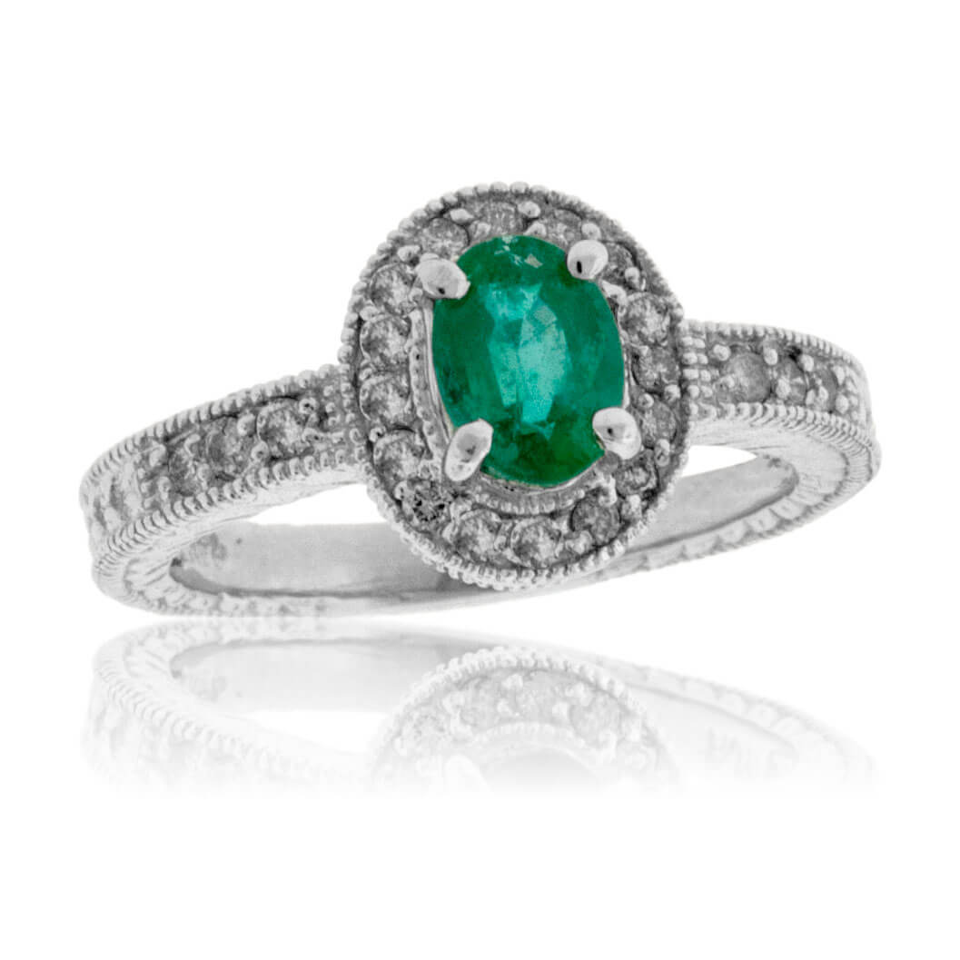 Oval Green Emerald & Diamond Halo Style Ring - Park City Jewelers