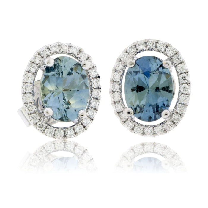Oval Light Blue Sapphire with Diamond Halo Stud Earrings - Park City Jewelers