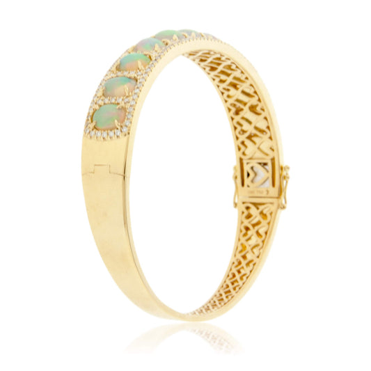 Oval Opal Cabochon & Diamond Halo Bangle Bracelet - Park City Jewelers