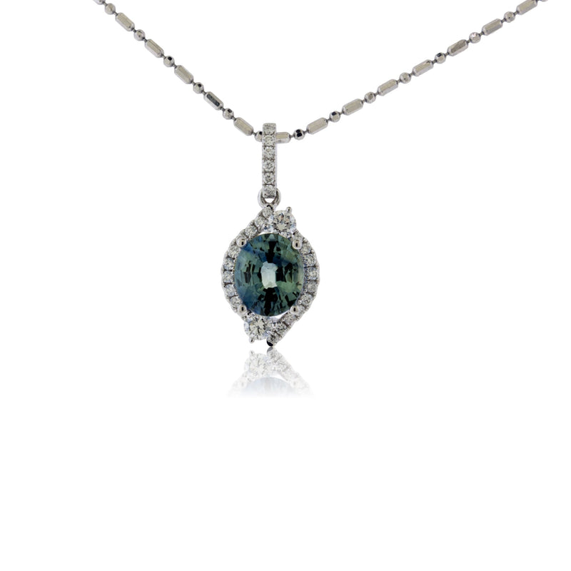 Oval Peacock Sapphire and Diamond Halo Pendant - Park City Jewelers