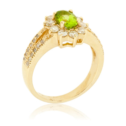 Oval Peridot & Classic Diamond Halo Split Shank Ring - Park City Jewelers
