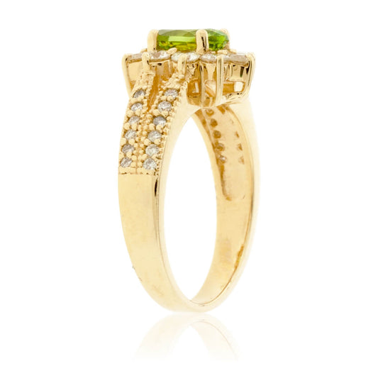 Oval Peridot & Classic Diamond Halo Split Shank Ring - Park City Jewelers