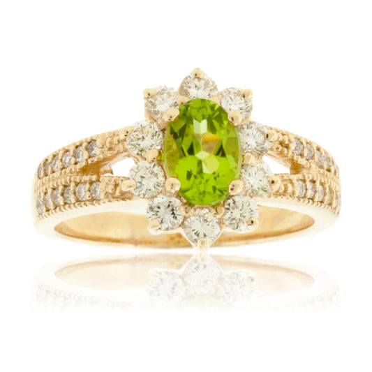 Oval Peridot & Classic Diamond Halo Split Shank Ring - Park City Jewelers