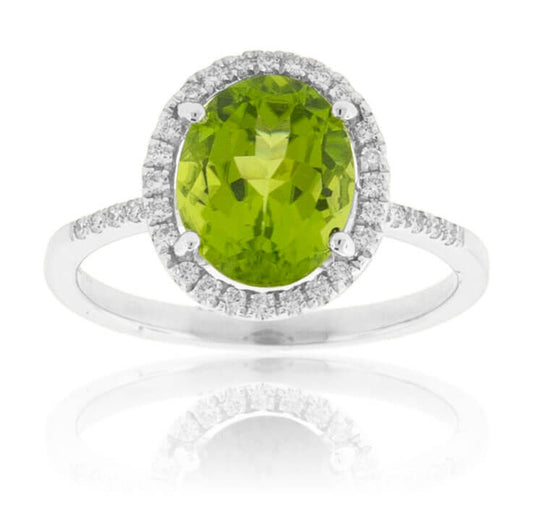 Oval Peridot with Diamond Halo on Diamond Accented Band - Park City Jewelers