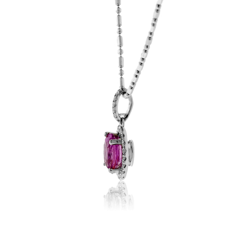 Oval Pink Sapphire and Diamond Halo Pendant - Park City Jewelers