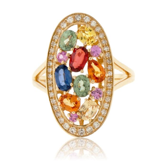 Oval Rainbow Sapphire & Diamond Halo Cluster Style Ring - Park City Jewelers