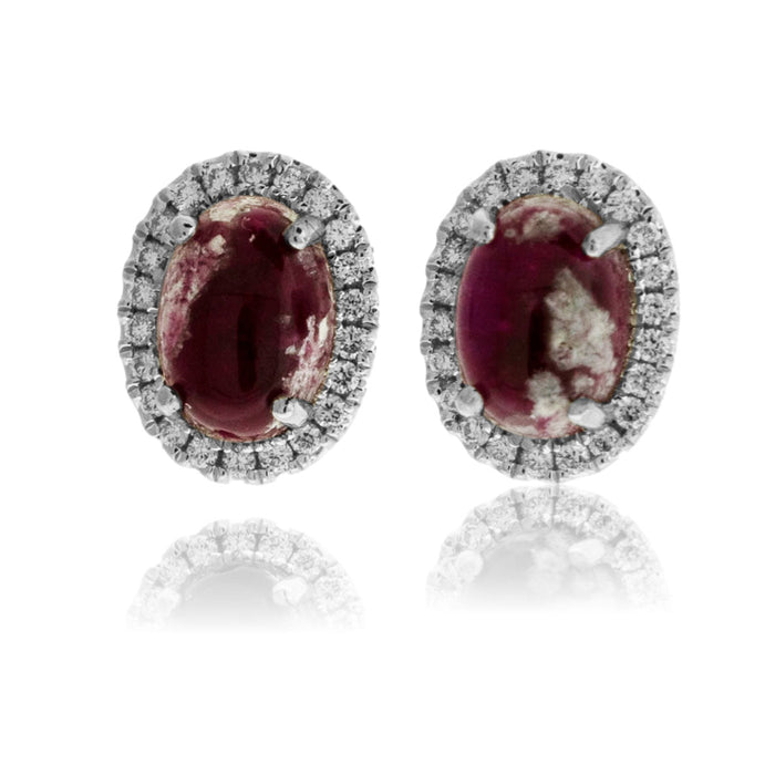 Oval Red Beryl Cabochon with Diamond Halo Post Earrings - Park City Jewelers