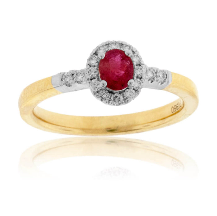 Oval Red Beryl Emerald & Diamond Halo Yellow Gold Ring - Park City Jewelers
