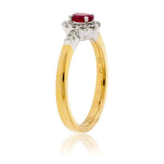 Oval Red Beryl Emerald & Diamond Halo Yellow Gold Ring - Park City Jewelers