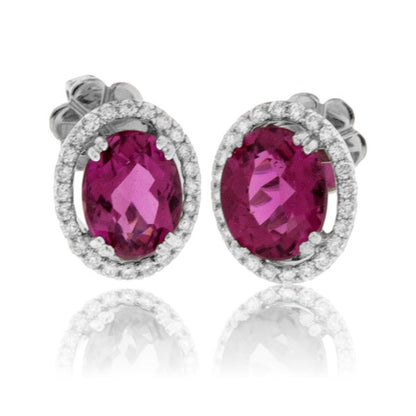Oval Rubelite with Diamond Halo Stud Earrings - Park City Jewelers