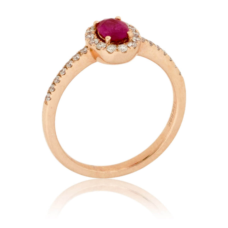 Oval Ruby and Diamond Halo Rose Gold Ring - Park City Jewelers
