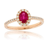 Oval Ruby and Diamond Halo Rose Gold Ring - Park City Jewelers
