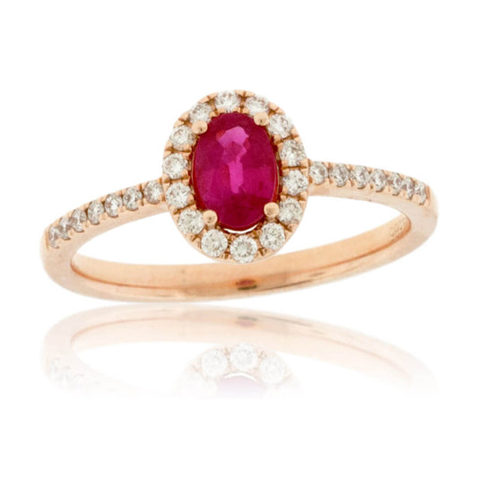 Oval Ruby and Diamond Halo Rose Gold Ring - Park City Jewelers