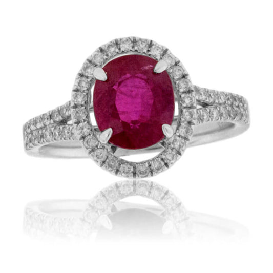 Oval Ruby and Split Shank Diamond Halo Ring - Park City Jewelers