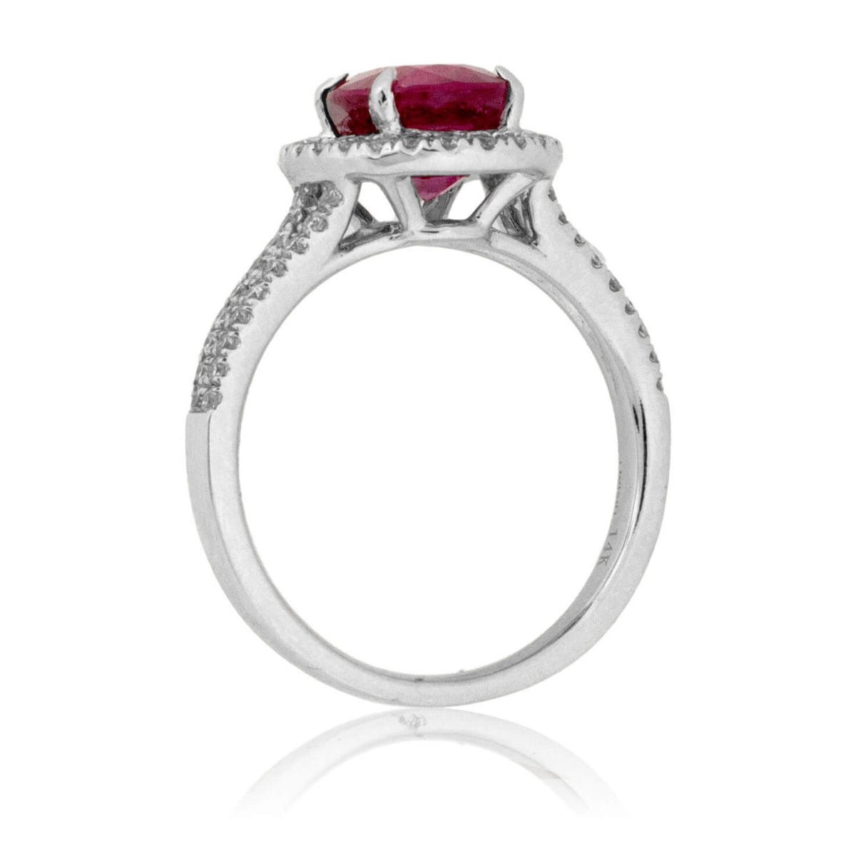 Oval Ruby and Split Shank Diamond Halo Ring - Park City Jewelers