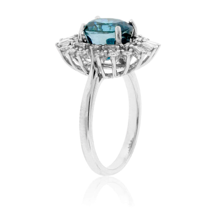 Oval Shaped Blue Zircon with Baguette Burst Diamond Halo - Park City Jewelers