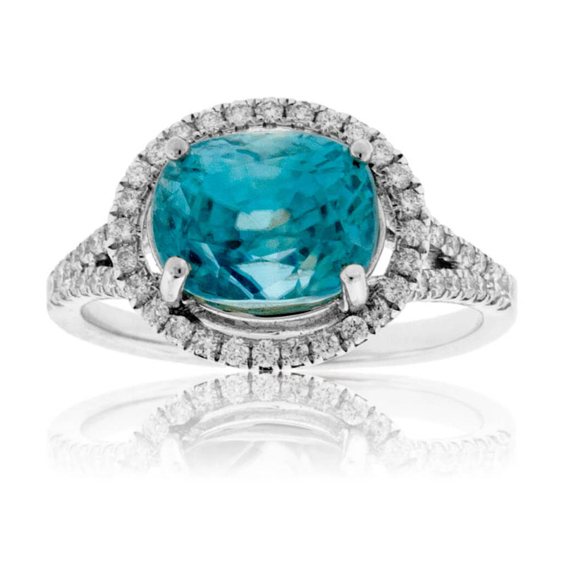 Oval Shaped Blue Zircon with Diamond Halo - Park City Jewelers