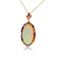 Oval Shaped Opal Cabochon with Sapphire Halo Pendant with Chain - Park City Jewelers