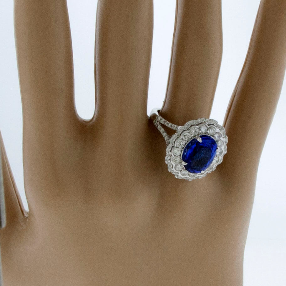 Oval Tanzanite & Double Diamond Halo Scalloped Ring - Park City Jewelers