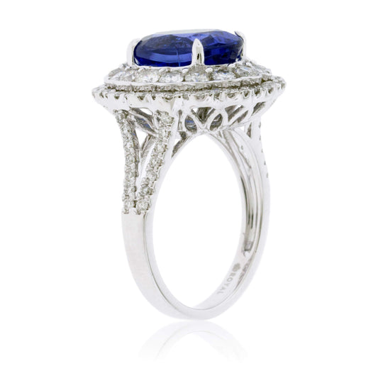 Oval Tanzanite & Double Diamond Halo Scalloped Ring - Park City Jewelers