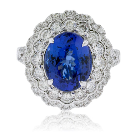 Oval Tanzanite & Double Diamond Halo Scalloped Ring - Park City Jewelers