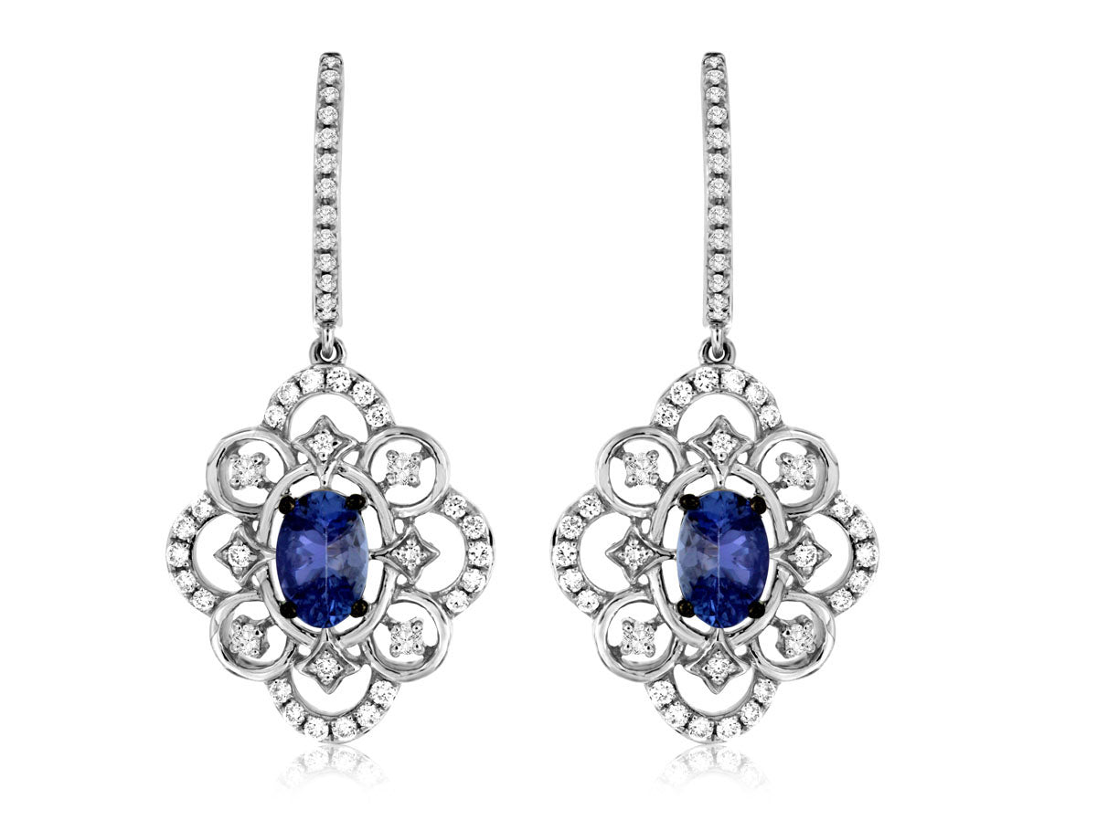 Oval Tanzanite Fancy Design Diamond Drop Earrings