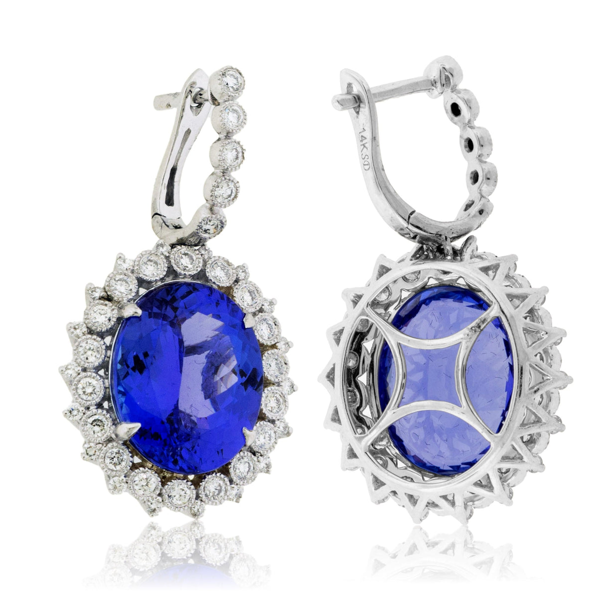 Oval Tanzanite & Stunning Classic Diamond Halo Dangle Earrings - Park City Jewelers