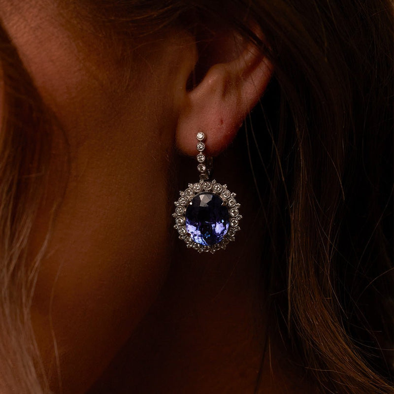 Oval Tanzanite & Stunning Classic Diamond Halo Dangle Earrings - Park City Jewelers