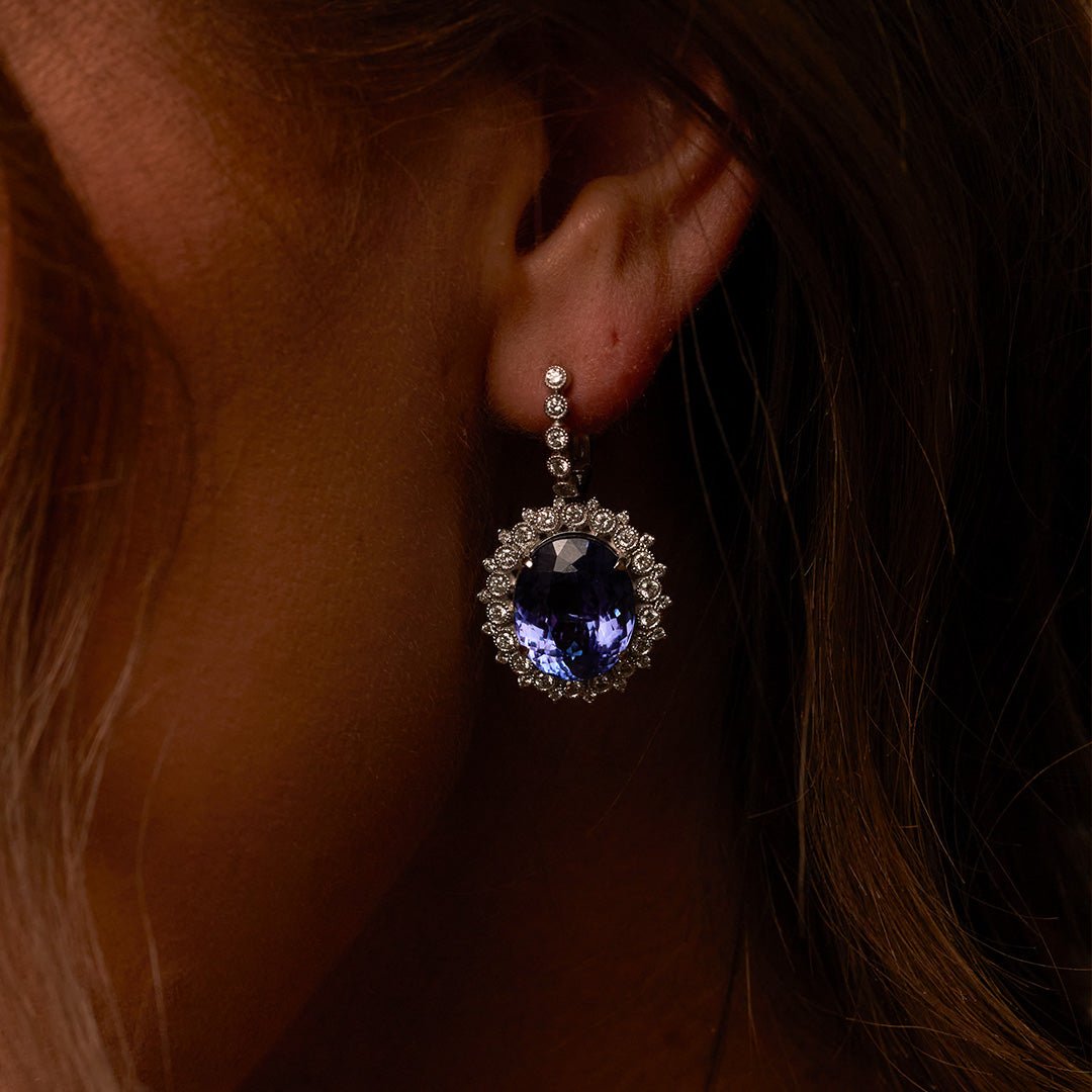 Oval Tanzanite & Stunning Classic Diamond Halo Dangle Earrings - Park City Jewelers