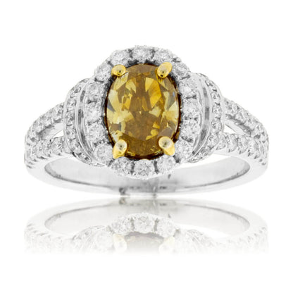 Oval Yellow Brownish Diamond & Diamond Halo Ring - Park City Jewelers