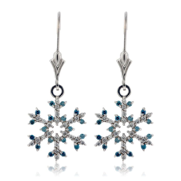 Pave Blue Diamond Tipped Snowflake Dangle Earrings - Park City Jewelers