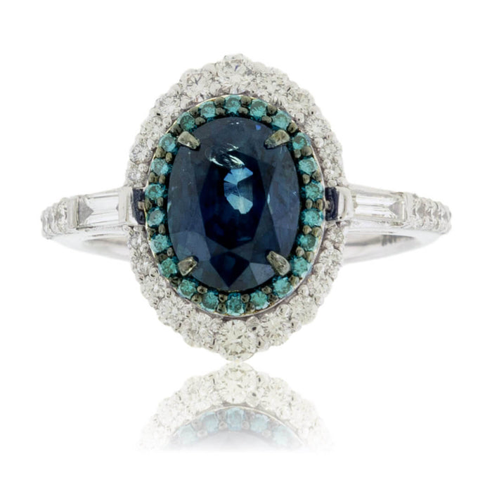 Peacock Blue-Green Sapphire & Blue Diamond Halo Ring - Park City Jewelers