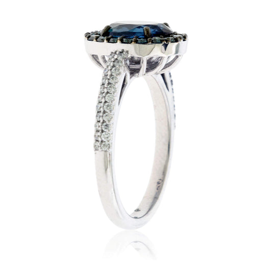 Peacock Blue-Green Sapphire & Blue Diamond Halo Ring - Park City Jewelers