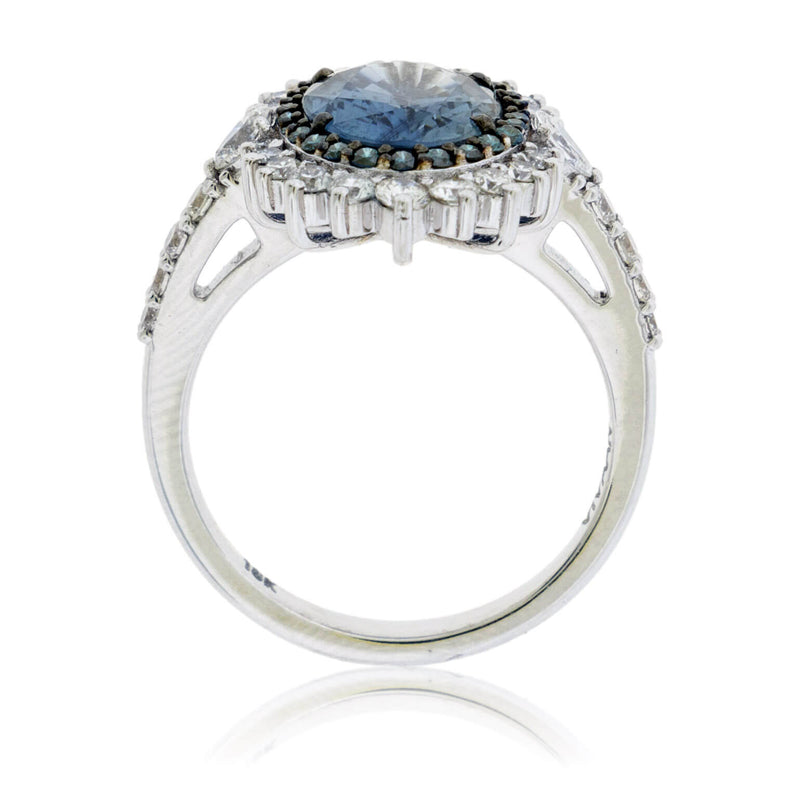 Peacock Blue-Green Sapphire & Blue Diamond Halo Ring - Park City Jewelers