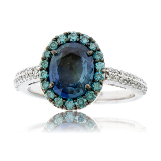 Peacock Blue-Green Sapphire & Blue Diamond Halo Ring - Park City Jewelers