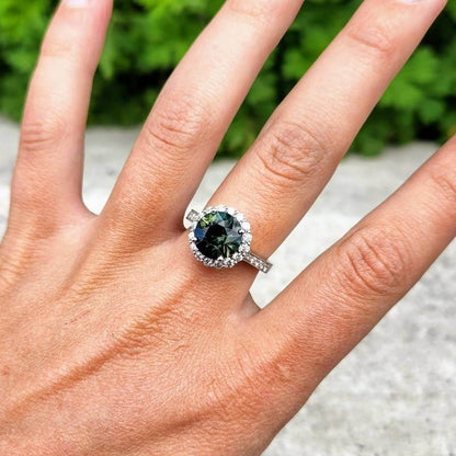 Oval Peacock Emerald Ring Vintage Teal Sapphire Engagement Ring