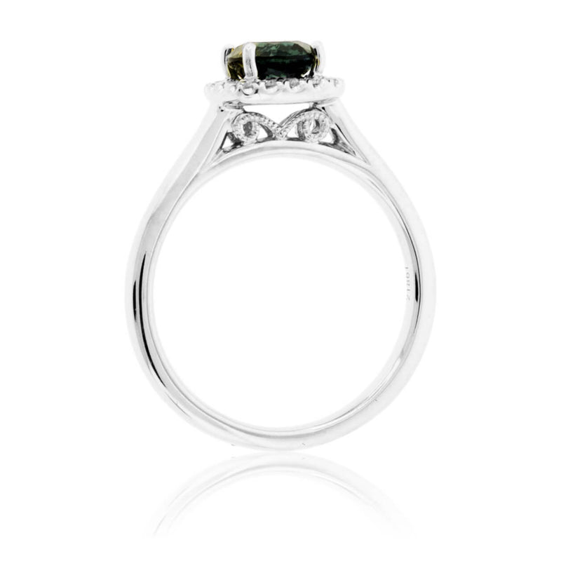 Peacock Blue-Green Sapphire & Diamond Halo Ring - Park City Jewelers