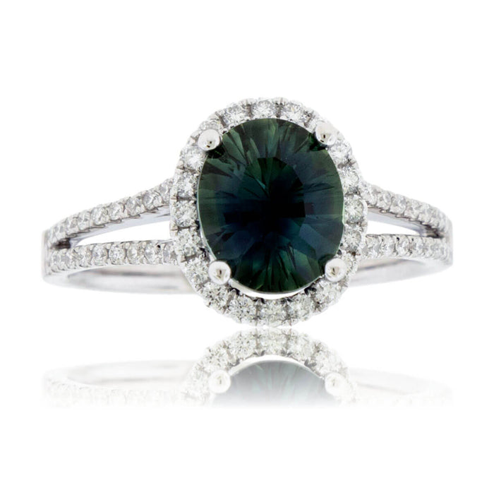 Peacock Blue-Green Sapphire & Diamond Halo Ring - Park City Jewelers